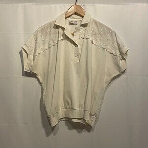 Vintage White Embroidered 1980's Blouse GJ Clar Dolman Sleeve